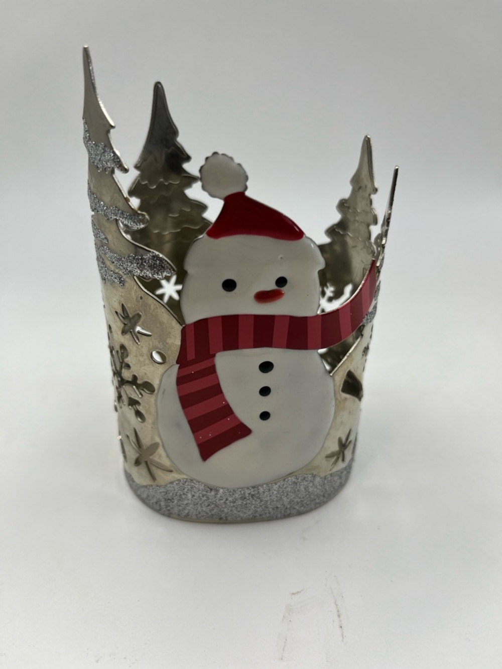 Festive Bath and Bodywork Snowman Dispenser Holder - Silver with Red Accents